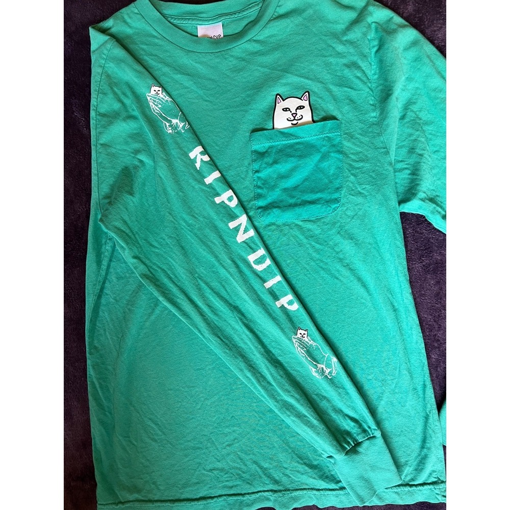 RIPNDIP Lord Nermal Long Sleeve Pocket Tee TEAL Cat Skater Shirt Streetwear S